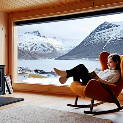 Home 4 **
>A cozy Norwegian home interior with a fireplace, a person reading a book in a comfortable chair, and a view of snowy mountains through the window. Emphasis on warmth, relaxation, and financial security. Scandinavian design elements.
**
