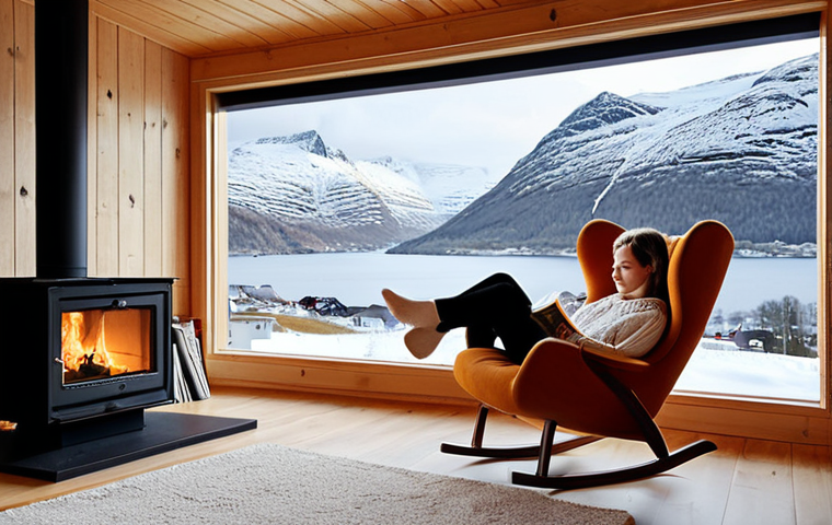 **

>A cozy Norwegian home interior with a fireplace, a person reading a book in a comfortable chair, and a view of snowy mountains through the window. Emphasis on warmth, relaxation, and financial security.  Scandinavian design elements.

**
